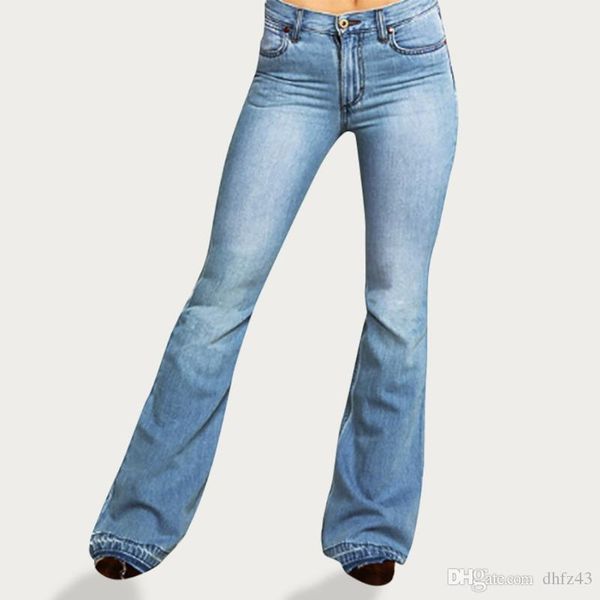 

women flare jeans mid waist bell jeans casual pocket washed denim casual wild slim high elastic mg5, Blue
