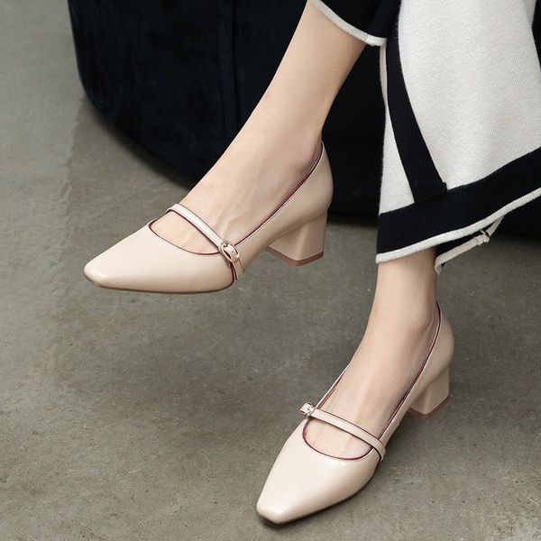 

2020 autumn new chunky heel square head shallow mouth four seasons shoes leather large size semi-high heeled mary jane shoes, Black