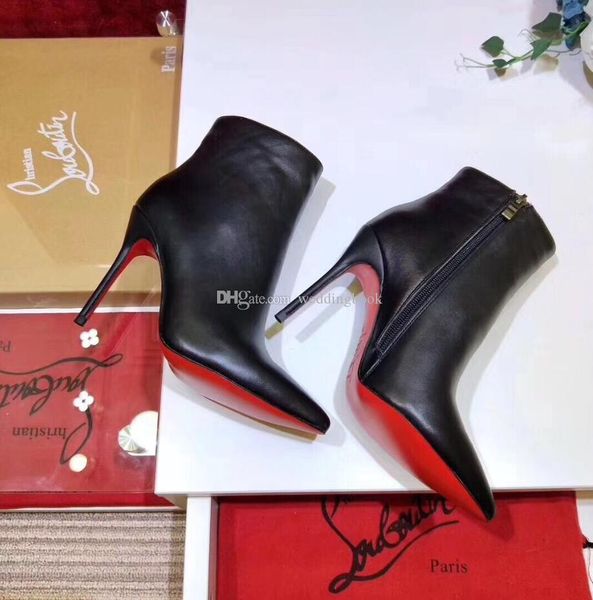 

original box] new womens high heels 100mm boot red bottom ankle winter real leather pumps paris boots wedding shoes size 35-42 dh, Black
