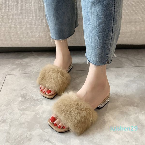 

slippers casual square toe shoes woman 2020 fur flip flops slipers women flock low luxury soft block plush new autumn rome l29, Black