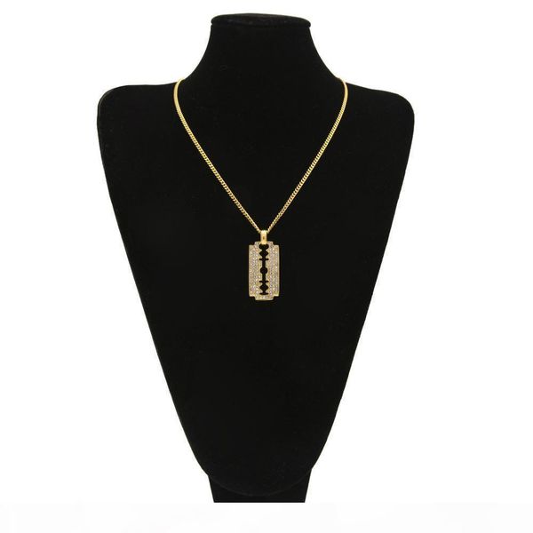

r 316 l stainless steel iced out gold color full rhinestone blade pendant necklace with hip hop 60cm cuban link chain necklaces, Silver