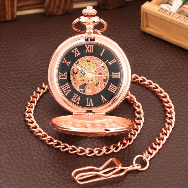 Steampunk Antique Watches Cassa in oro rosa/argento Hollow Out Orologio da taschino unisex Scheletro Carica manuale Orologio meccanico FOB Catena pendente