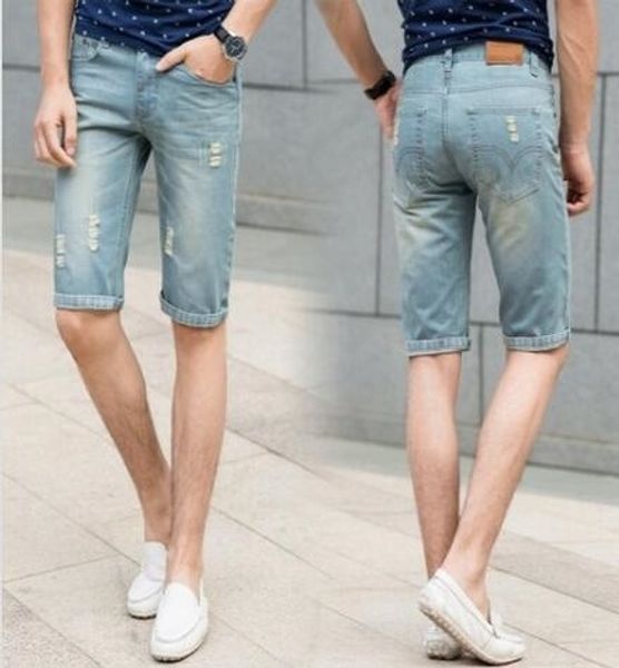 

men's ripped straight slim korean style denim shorts thin large size and pants and jeans jeans pants 5 points, Blue