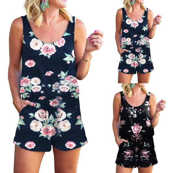 

women's summer print vest lace pocket jumpsuit, Black;white