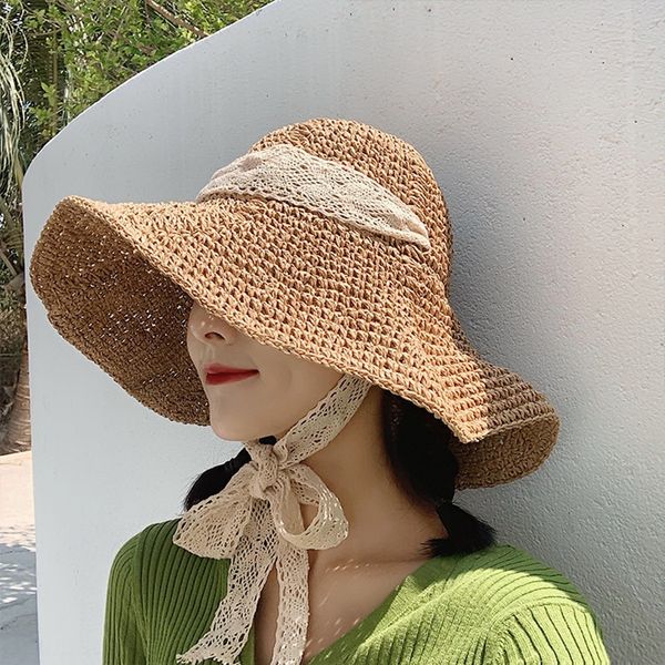

female summer foldable woven beach straw holiday large eaves hipster sun all-match straw hat hat summer, Blue;gray