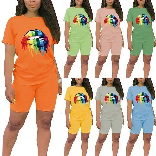 

summer fashion women two piece set lips print short sleeve t-shirt woman knee length shorts suit 2pc set sporting outfit, Gray