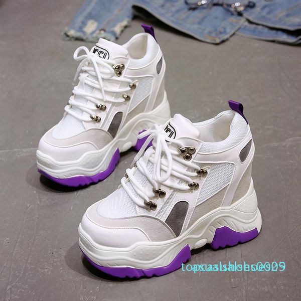 

1spring women sneakers 9cm ultra high heels chunky sneakers casual elevator shoes summer mesh platform wedges ladies trainers t05, Black