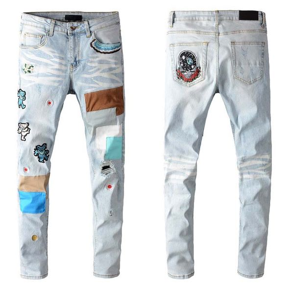 

дизайнер мужские джинсы 2020 новое прибытие mens полнометражное способа вышивки pattern брюки мужчины повседневная hole jean plus size, Blue