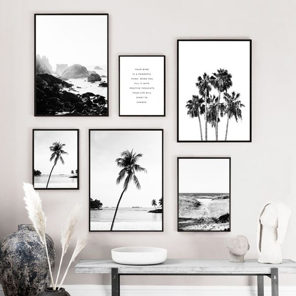 

scandinavian landscape canvas poster ocean beach palm wall art positive quote print painting nordic black white home decor