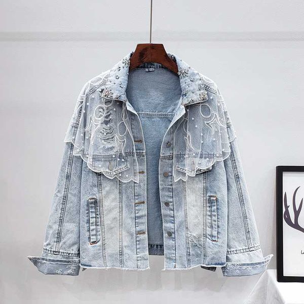 

spring autumn jeans jacket women fashion mesh splice diamond long sleeve vintage denim jacket female loose jeans coat tide g327, Black;brown