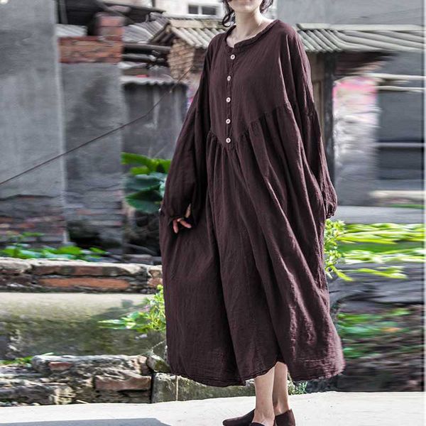 

nini wonderland spring autumn lantern sleeve loose robe dress 2020 women ramie cotton vintage retro dress female do old big size, Black;gray