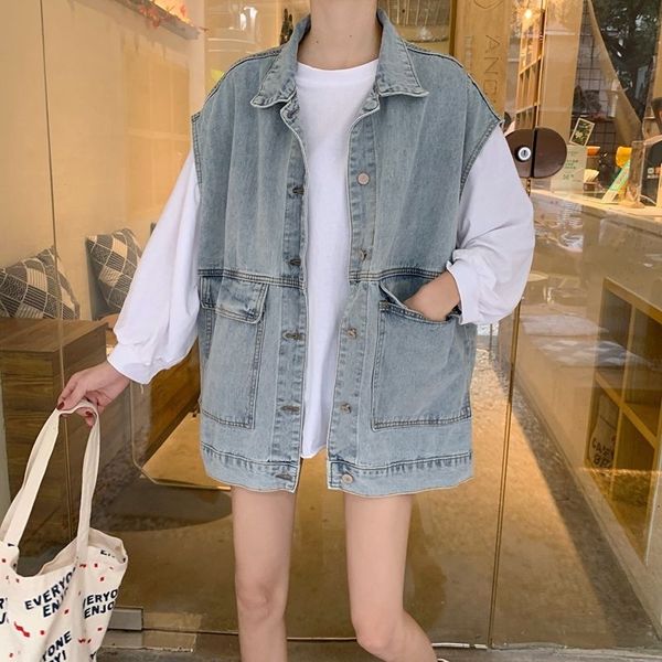 

early new outer denim women's loose korean style student versatile tooling sleeveless waistcoat jacket fashion vest jacket vest, Black;white