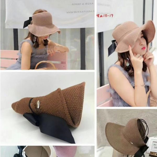 

2019 new korean and knitted empty hat bowknot big edge butterfly cotton linen cotton linen sunshade female outdoor travel beach hat, Blue;gray