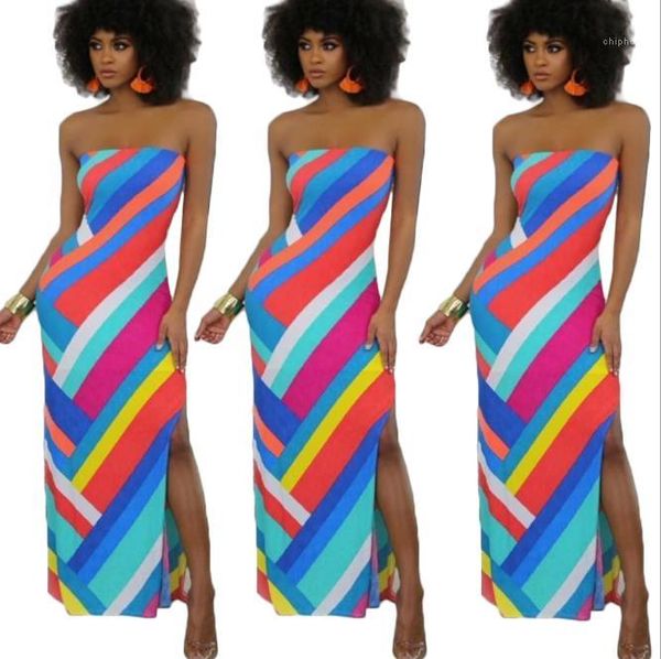 

designer dress fashion colorful striped slash neck split dress new women summer clothing strapless women, Black;gray