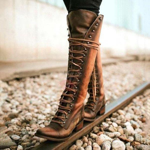 

women knee high boots low heels matin shoes woman chaussure zapatos mujer gladiator vintage pu leather plus size booties d1465, Black