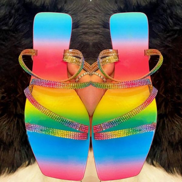 

women summer flat rhinestone sandals fashion bling rainbow slippers shoes female flip flops sandals outdoor square toe sliders, Black