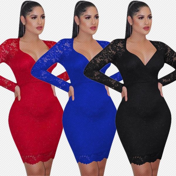 

h8906 independent station amazon selling deep v lace pattern semi-perspective dress european and american womens clothing, White;black