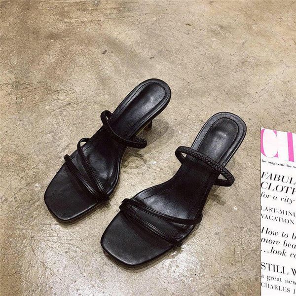 

woman narrow band high heel slipper sandals women vintage square toe women's sandals summer beach shoes women, Black