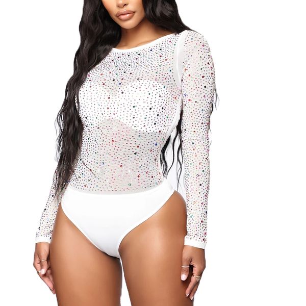 

ladies white mesh bikini bottom roundneck mult-rhinestone bodysuit