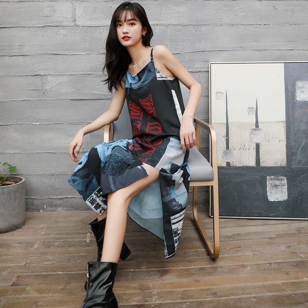 

lanmrem adjustable straps sleeveless clothes for woman retro printing camisole dress vent hemline sweet yh106, Black;gray