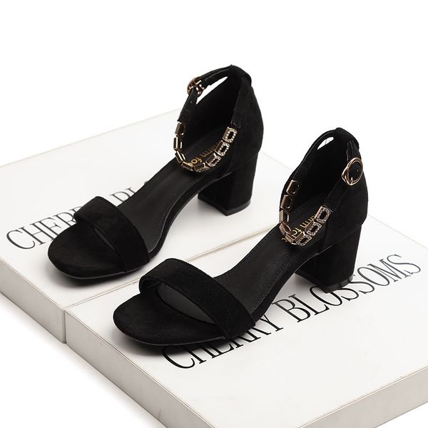 

thick with suede sandals women 2020 new summer one word with diamond joker atmosphere ms high-heeled shoes women, Black