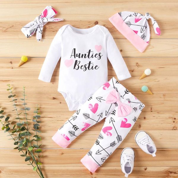 

4pcs winter infant baby clothing baby girl clothes valentines letter long sleeve romper+print pant+headband+hat boy outfits, White