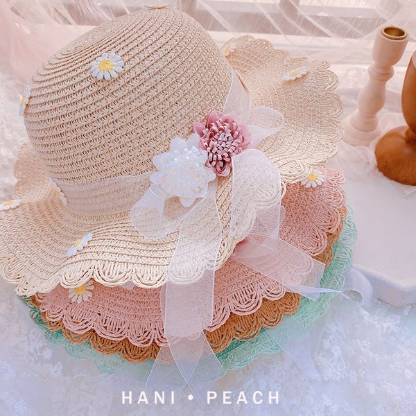 

57100 chic hipster ins internet celebrity daisy straw straw hat flowers flowers and plants flower gauze bow sun hat, Yellow
