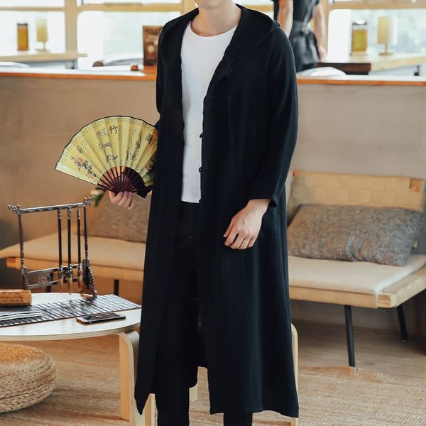 

new men's hooded and long trench coat loose mori chinese style antique windbreaker cotton linen cotton linen coat, Tan;black