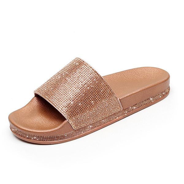 

summer solid flat rhinestone bling slippers home indoor women non-slip crystal slippers beach flip flops women's slides shoes cs09, Black