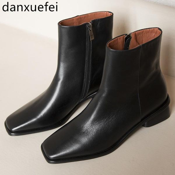 

women's genuine leather low heel autumn ankle boots square toe elegant ladies short booties motorcycle boots shoes, Black