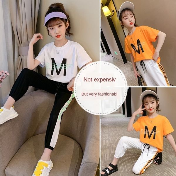 

eo3ls girls 2020 new girls short sleeve 2020 cotton short sleeve fashion short-sleeved letter set korean style medium and large children for