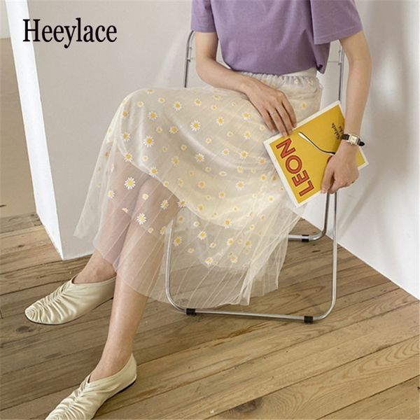 

new 2020 women's summer skirts casual elegant fashionable high waist print floral tulle sweet pleated wild long skirts, Black
