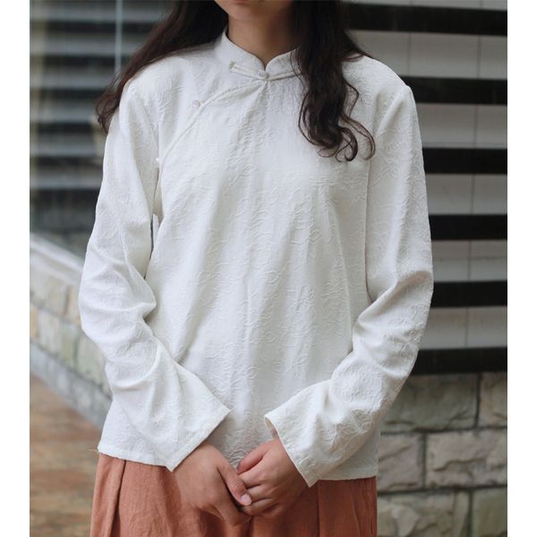

women loose autumn cotton linen jacquard chinese style blouse ladies vintage solid color shirt female 2020 spring, White