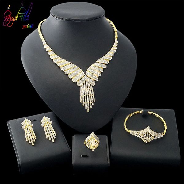

yulaili sell dubai gold jewelry sets popular delicate crystal necklace earrings bracelet ring for women party wedding jewellery, Black