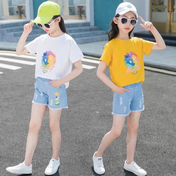 

haohan children's pants suit pants set wear girl flower smiling face denim shorts suit