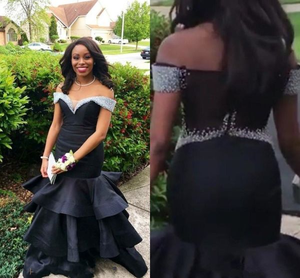 

black crystal mermaid prom dresses off shoulder tiered beads long formal evening party gowns special occasion dress