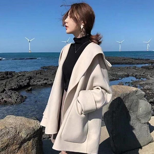 

plus size double-faced cashmere wool coat for women autumn winter new overcoat hooded loose cloak woolen jacket female outerwear, Black