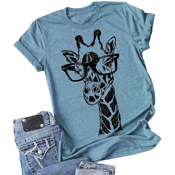 

summer giraffe print t shirts 2020 new women cartoon casual t-shirt lady short sleeve tees shirt female clothes, Black;blue