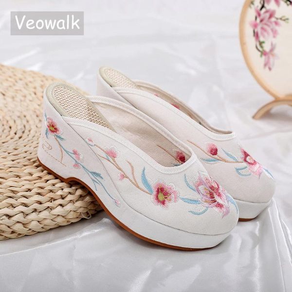 

slippers veowalk 7cm wedges women cotton fabric mules summer comfortable soft slip on platform shoes ladies embroidered, Black