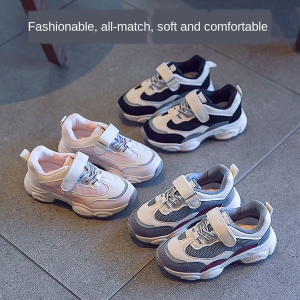 

nvroa 2020 new ins contrast color sports running shoesgirlsmesh breathable hook and loop middle and older children's running shoes chil, Black