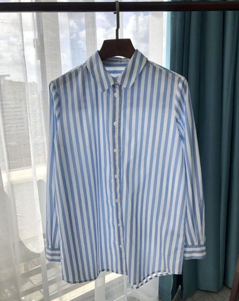 

women shirt cloud blue striped shirt natural shell buckle fresh navy color matching long sleeve, White