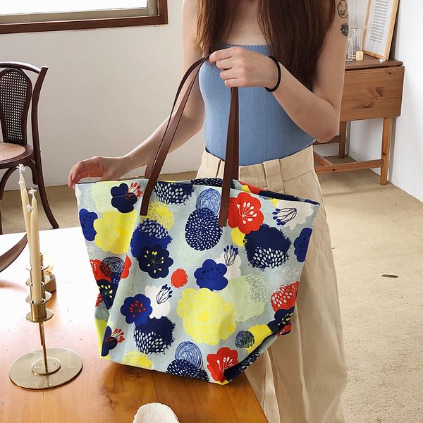 

canvas flower polka dots fashion casual women beach bag handbag black white color shopping tote bag