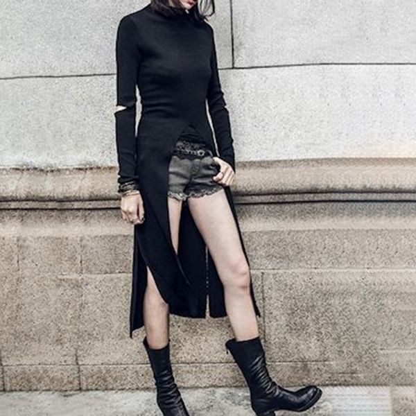 

casual dresses autumn womens blouses bodycon black long sleeve gothic style slim streetwear turtleneck irregular hem high split dress, Black;gray