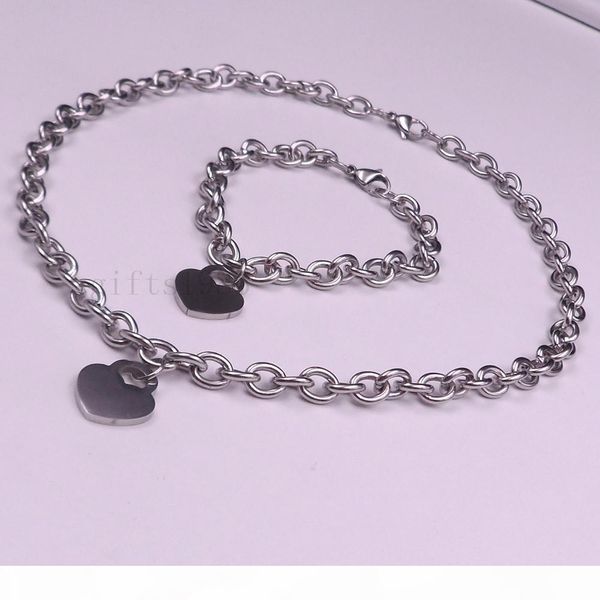 

1set women's cool stainless steel oval chain with heart charm necklace bracelet, Silver