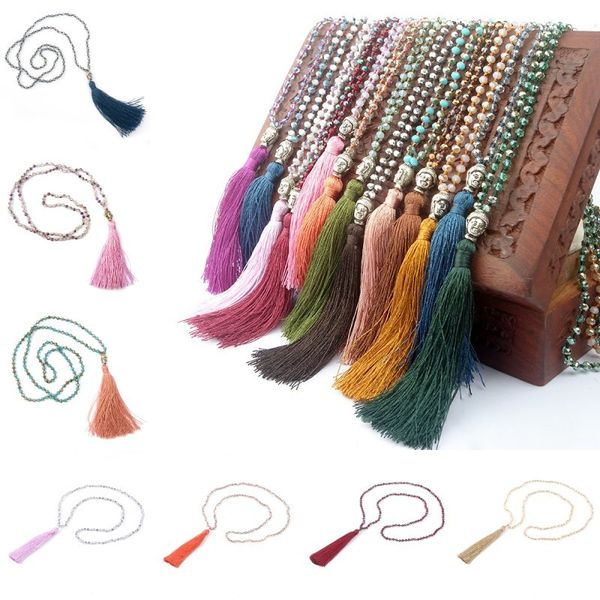 

jewelry boho buddha beads handmade charm chain for yoga meditation 30 styles crystal beaded tassel long necklace g349q, Silver