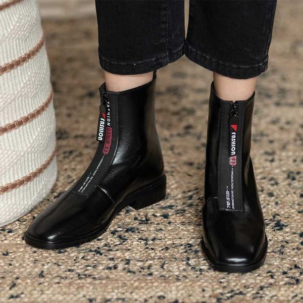 

genuine leather square toe thick mid-heel women's short boots 2020 spring and autumn new fashion all-match boots x286, Black