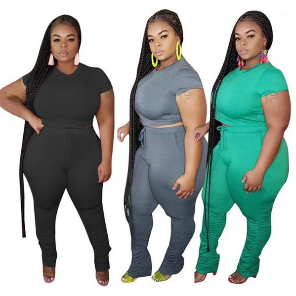 

set casual solid stacked pants sets short sleeve o neck summer suits plus size women 2 piece, White