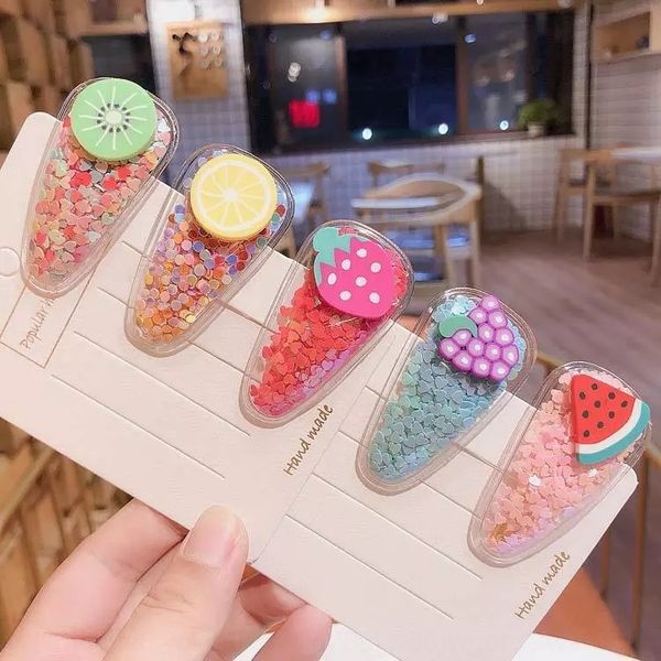 

korean new color quicksand transparent children's fruit hairpin pvc side fruit accessories clip baby bb side clip head accessories, Slivery;white