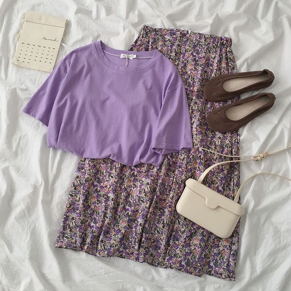

summer colorful skirt set women casual short sleeve loose t-shirt + high waist flower pattern maxi skirt plus size matching set, White