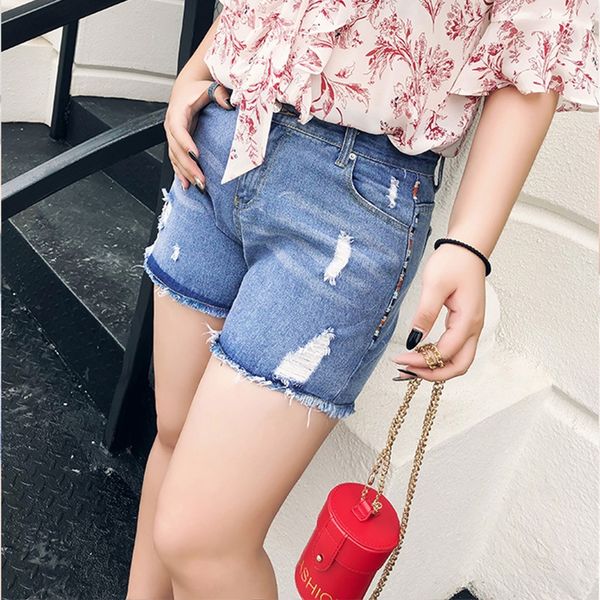 

large size women's casual shorts and shorts and jeans jeans fat sister 200 jin can wear slim women's slim pants, Blue